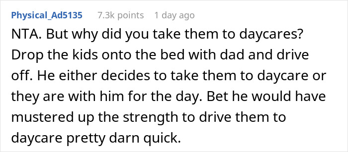 Reddit comment discussing handling children's daycare responsibilities with a man-child husband. Reddit comment discussing handling children's daycare responsibilities with a man-child husband.