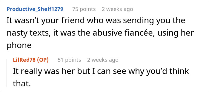 Reddit comments about a woman not invited to a wedding, discussing texts allegedly from an abusive fiancée. Reddit comments about a woman not invited to a wedding, discussing texts allegedly from an abusive fiancée.