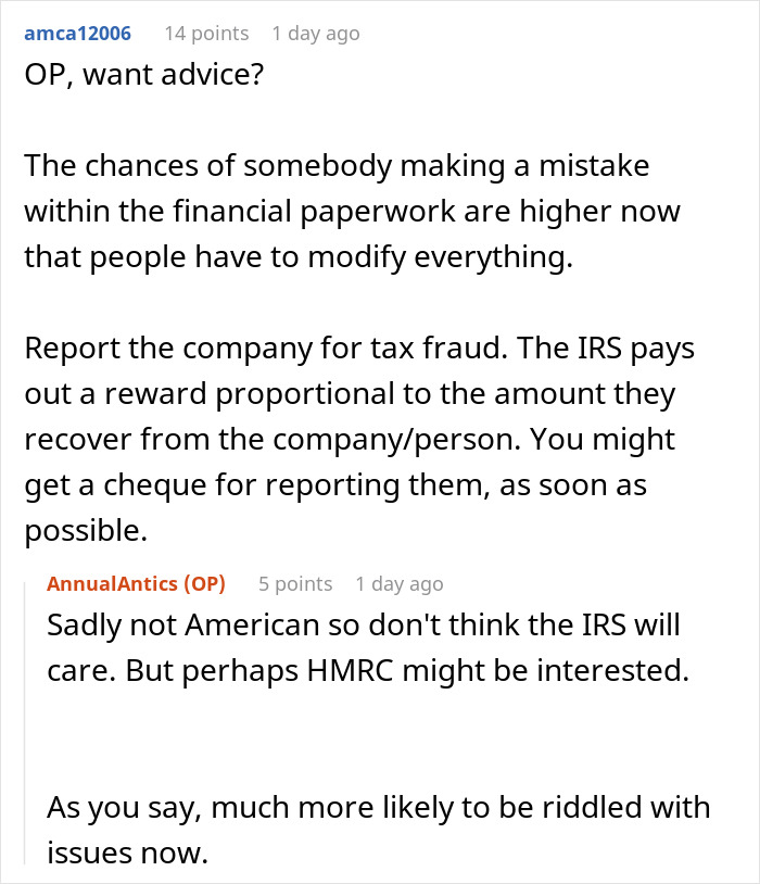 Online discussion about management and software issues, highlighting tax fraud reporting advice. Online discussion about management and software issues, highlighting tax fraud reporting advice.