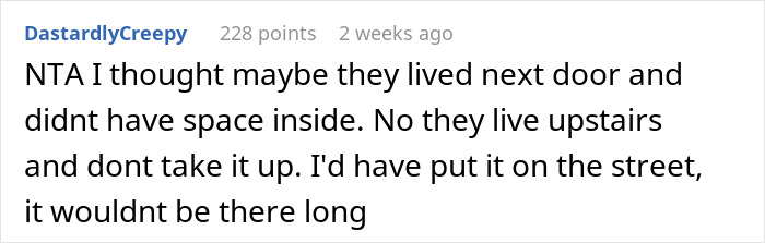 Text of a comment discussing how a neighborâs stroller blocks a door. Text of a comment discussing how a neighborâs stroller blocks a door.