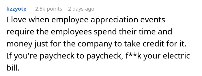 Text image expressing disappointment with a company-hosted appreciation potluck. Text image expressing disappointment with a company-hosted appreciation potluck.
