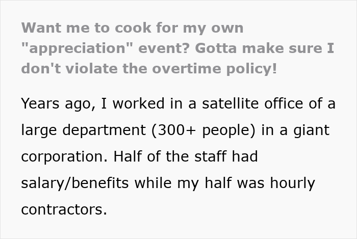 Text highlights employee disappointment at company appreciation potluck event. Text highlights employee disappointment at company appreciation potluck event.