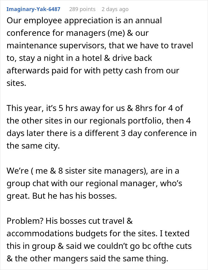 Text screenshot discussing company appreciation event and budget cuts causing disappointment. Text screenshot discussing company appreciation event and budget cuts causing disappointment.