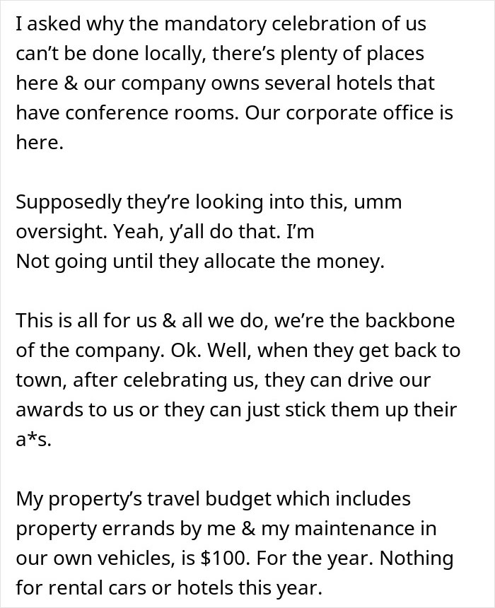 Text conversation about company appreciation potluck and travel budget frustrations. Text conversation about company appreciation potluck and travel budget frustrations.