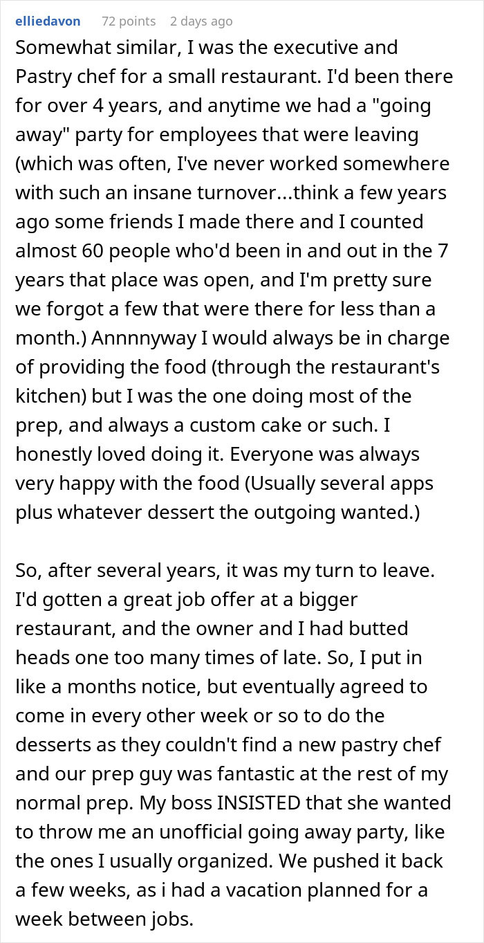 Text post about an executive pastry chef's experience with employee potluck disappointments. Text post about an executive pastry chef's experience with employee potluck disappointments.