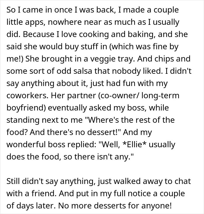 Text about company potluck where disappointment is expressed over the lack of food and desserts. Text about company potluck where disappointment is expressed over the lack of food and desserts.