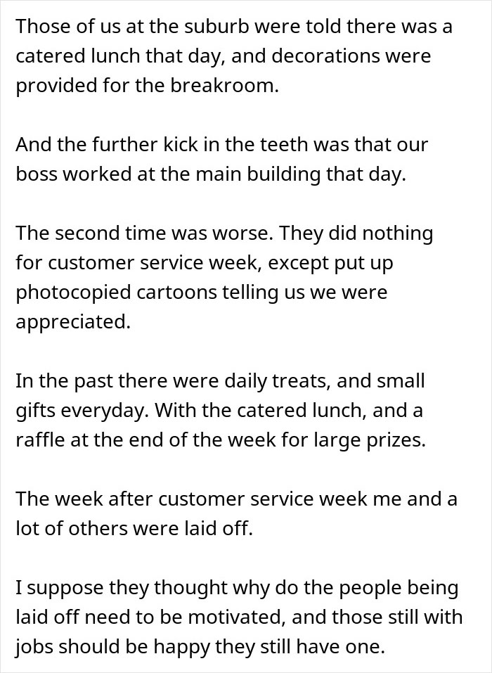 Text about a company appreciation potluck leading to disappointment and layoffs discussed by employees. Text about a company appreciation potluck leading to disappointment and layoffs discussed by employees.