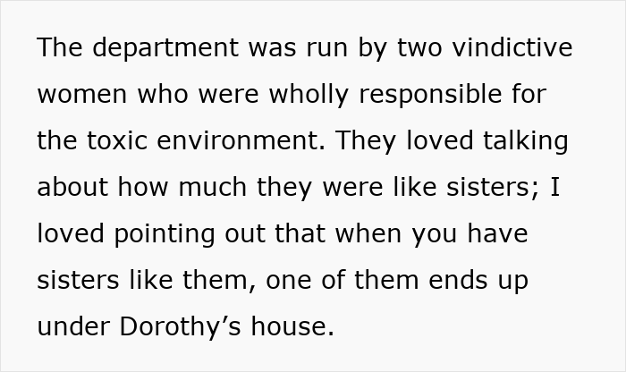 Text about a toxic work environment run by two vindictive women, compared to Dorothy’s house incident. Text about a toxic work environment run by two vindictive women, compared to Dorothy’s house incident.