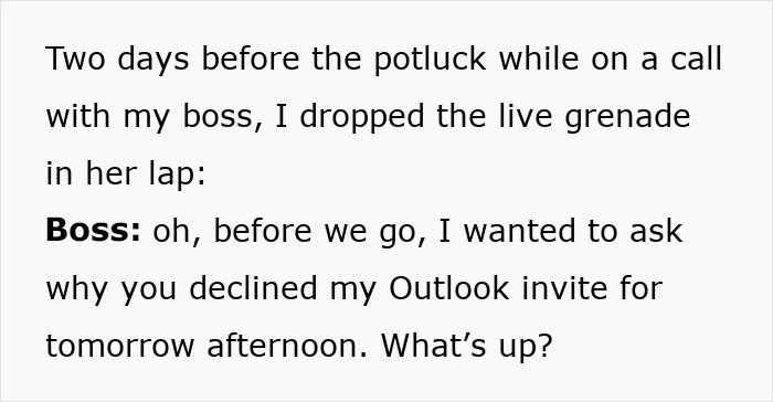 Text conversation about a potluck invite and declined Outlook meeting. Text conversation about a potluck invite and declined Outlook meeting.