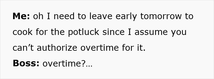 Text exchange about leaving early to prepare for a company potluck with a humorous mention of overtime. Text exchange about leaving early to prepare for a company potluck with a humorous mention of overtime.