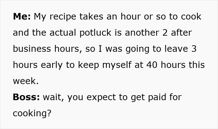 Text exchange about cooking time and pay for a company appreciation potluck. Text exchange about cooking time and pay for a company appreciation potluck.