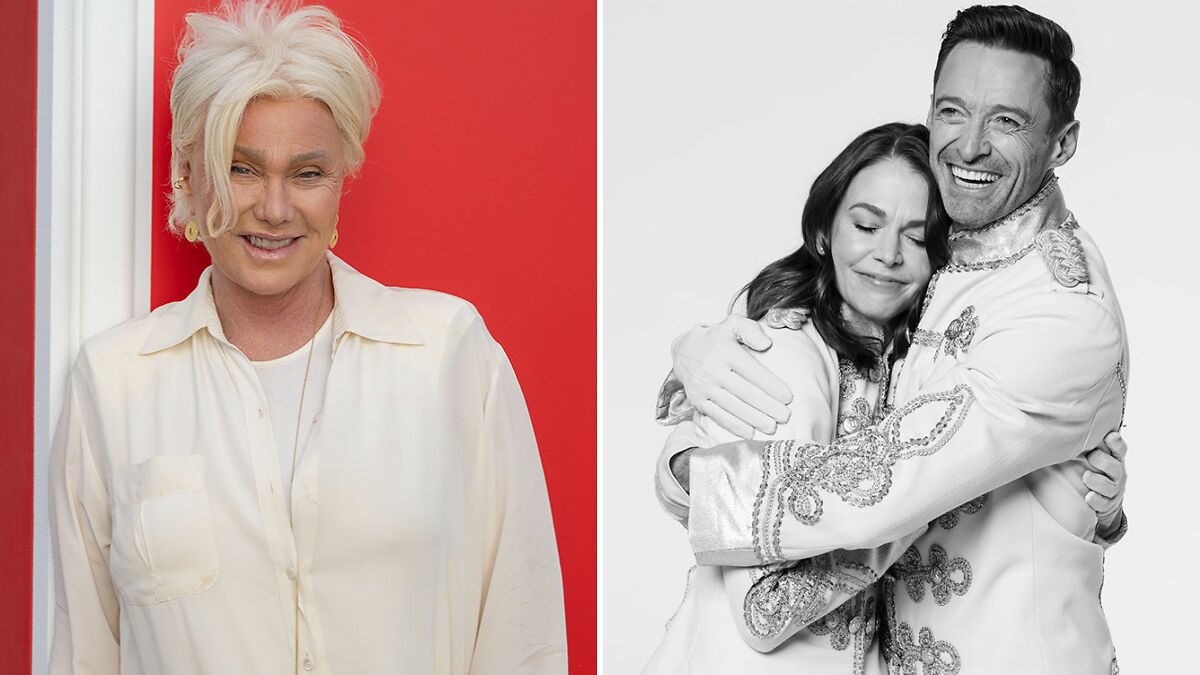 Hugh Jackmanu2019s ex in a cream outfit posing against a red background, next to black and white image of Jackman hugging a woman.