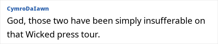 "Comment criticizing two individuals on Wicked press tour, related to Cynthia Erivo controversy over drama school treatment. "Comment criticizing two individuals on Wicked press tour, related to Cynthia Erivo controversy over drama school treatment.