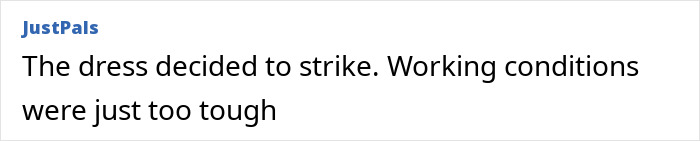 Text joking about a dress malfunction, referencing its difficult "working conditions. Text joking about a dress malfunction, referencing its difficult "working conditions.