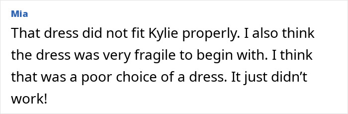 A comment discussing Kylie Jenner's Golden Globes wardrobe malfunction with a fragile, ripped vintage dress. A comment discussing Kylie Jenner's Golden Globes wardrobe malfunction with a fragile, ripped vintage dress.