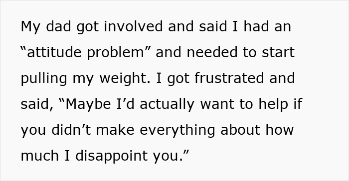 Text discussing a refusal to help parents due to being told about living arrangements and disappointment. Text discussing a refusal to help parents due to being told about living arrangements and disappointment.