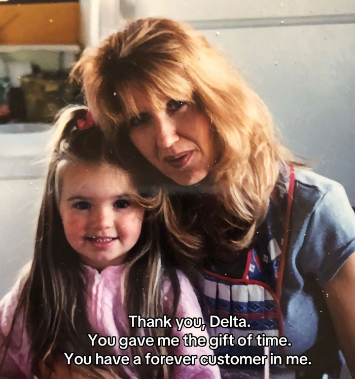 Woman smiling with a young girl, expressing gratitude to airline for helping reach terminally ill mother. Woman smiling with a young girl, expressing gratitude to airline for helping reach terminally ill mother.