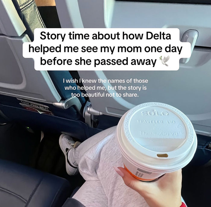 Airline assists woman to see terminally ill mother, seated on plane holding a coffee cup. Airline assists woman to see terminally ill mother, seated on plane holding a coffee cup.