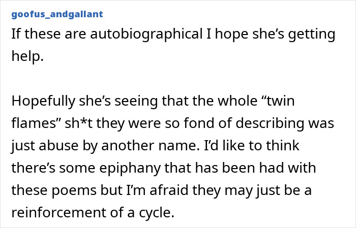 Text response to Megan Fox's poetry, expressing hope she's getting help. Text response to Megan Fox's poetry, expressing hope she's getting help.