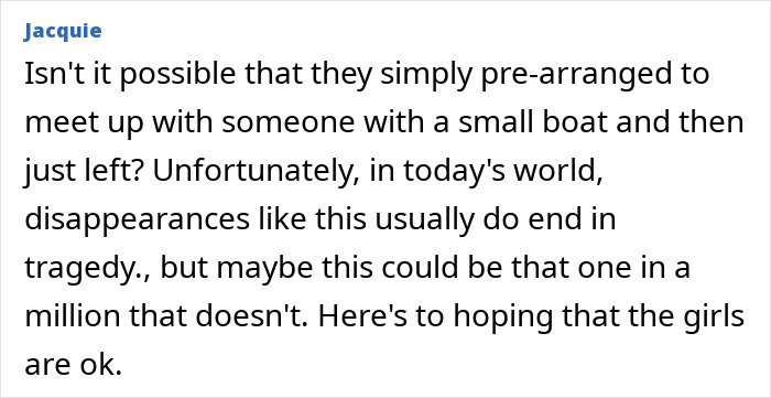 Text pondering the fate of sisters who disappeared after night walk, expressing hope they are safe. Text pondering the fate of sisters who disappeared after night walk, expressing hope they are safe.