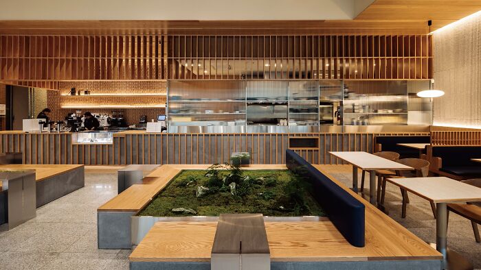 Contemporary interior design featuring a modern cafe layout with wooden accents and an indoor garden centerpiece.