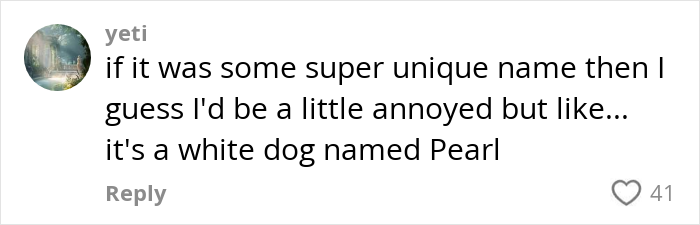 Comment discussing a white dog named Pearl and sharing thoughts on the name's uniqueness. Comment discussing a white dog named Pearl and sharing thoughts on the name's uniqueness.