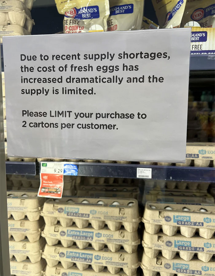 Notice in a store limiting egg purchases due to record-high egg prices and supply shortages in the US. Notice in a store limiting egg purchases due to record-high egg prices and supply shortages in the US.