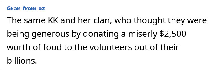 Text criticizing celebrities for donating a small amount to wildfire volunteers compared to their wealth. Text criticizing celebrities for donating a small amount to wildfire volunteers compared to their wealth.
