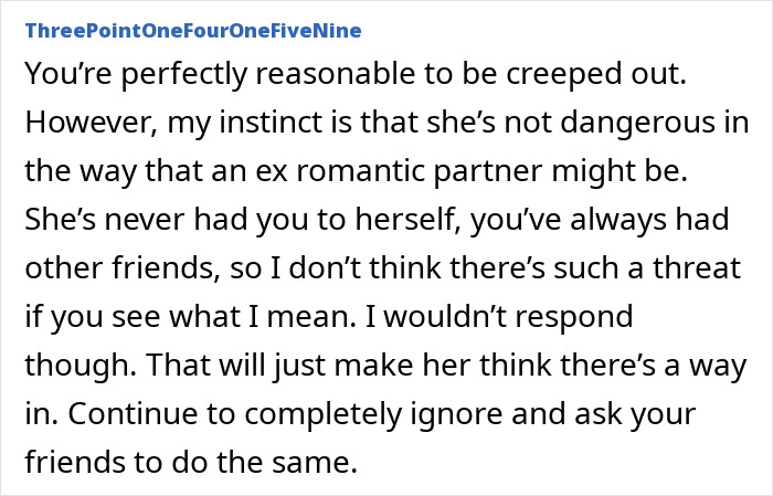 Text conversation discussing concerns about an ex-friend who keeps tracking acquaintances for updates. Text conversation discussing concerns about an ex-friend who keeps tracking acquaintances for updates.