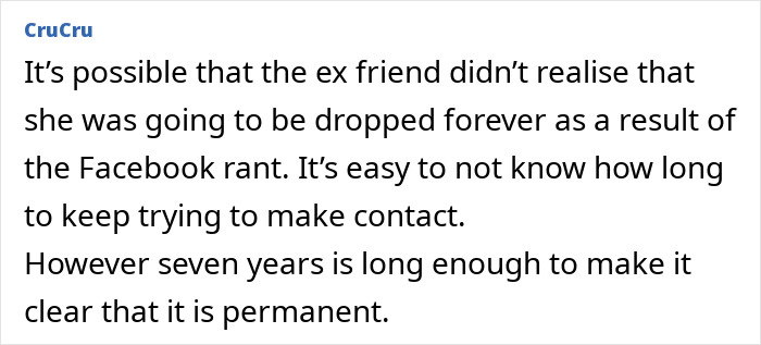 Text discussing a woman's ex-friend who keeps tracking acquaintances for updates after seven years. Text discussing a woman's ex-friend who keeps tracking acquaintances for updates after seven years.