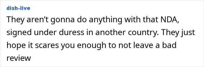 Comment questioning NDA's validity, mentioning duress and bad reviews, related to a family held hostage in Cancun resort. Comment questioning NDA's validity, mentioning duress and bad reviews, related to a family held hostage in Cancun resort.