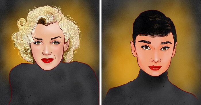 Drawings of Hollywood's timeless symbols of attraction featuring classic star portraits with elegant and iconic looks.