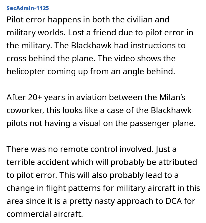 "Text discussing pilot error and concerning practices at civilian airports after DC crash involving a Blackhawk helicopter. "Text discussing pilot error and concerning practices at civilian airports after DC crash involving a Blackhawk helicopter.
