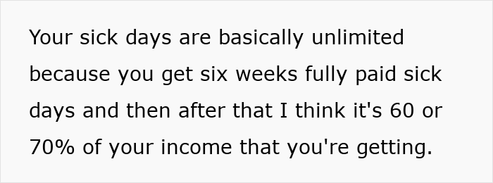 Text about German woman's insights on sick day policies, mentioning six weeks of fully paid sick leave and partial income coverage. Text about German woman's insights on sick day policies, mentioning six weeks of fully paid sick leave and partial income coverage.