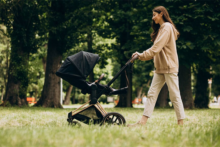 German woman walking with a stroller in a park, sharing cultural insights. German woman walking with a stroller in a park, sharing cultural insights.