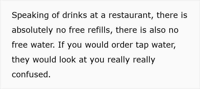 German woman discusses cultural insights on restaurant drink practices, noting no free refills or tap water. German woman discusses cultural insights on restaurant drink practices, noting no free refills or tap water.