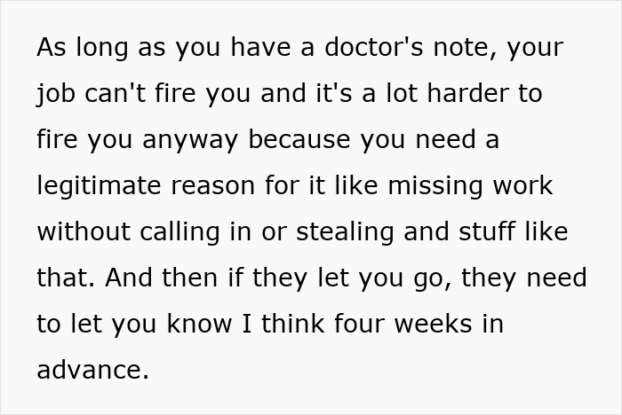 Text about job security in Germany, noting that a doctor's note protects against firing without cause, and requires advance notice. Text about job security in Germany, noting that a doctor's note protects against firing without cause, and requires advance notice.