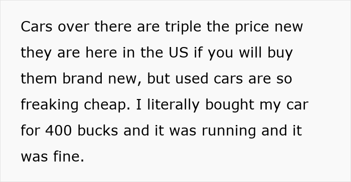 Text about German woman discussing car price differences between Germany and the US. Text about German woman discussing car price differences between Germany and the US.