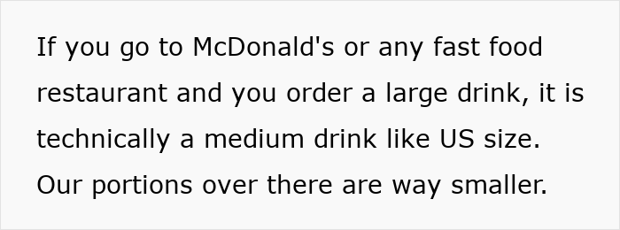 Text illustrating German woman’s cultural insight on fast food portion sizes compared to the US. Text illustrating German woman’s cultural insight on fast food portion sizes compared to the US.