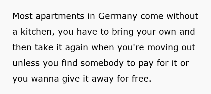 Text explaining German cultural insights about apartments lacking kitchens. Text explaining German cultural insights about apartments lacking kitchens.