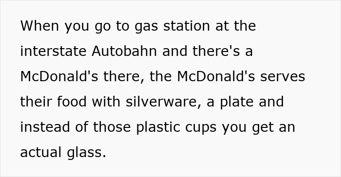 Text about German McDonald's serving food with silverware and glasses at Autobahn gas stations. Text about German McDonald's serving food with silverware and glasses at Autobahn gas stations.