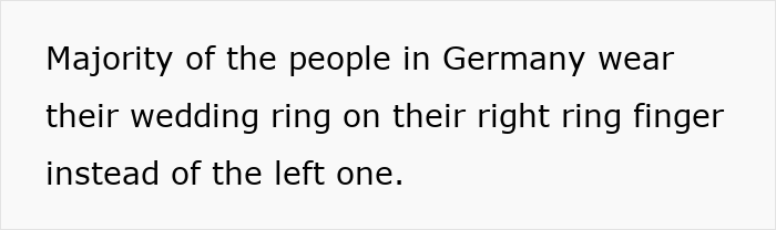 Text about German cultural insight regarding wedding ring finger placement. Text about German cultural insight regarding wedding ring finger placement.