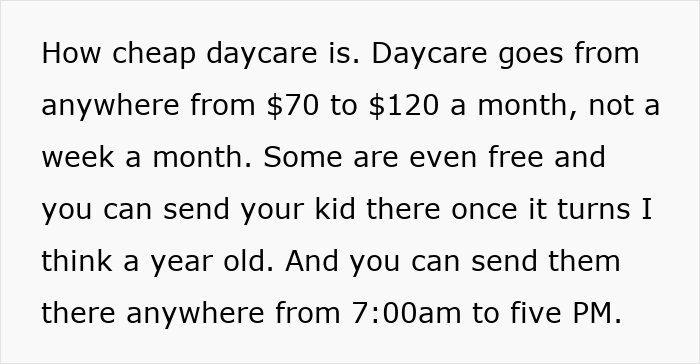 Text describing affordable daycare costs shared by a German woman. Text describing affordable daycare costs shared by a German woman.
