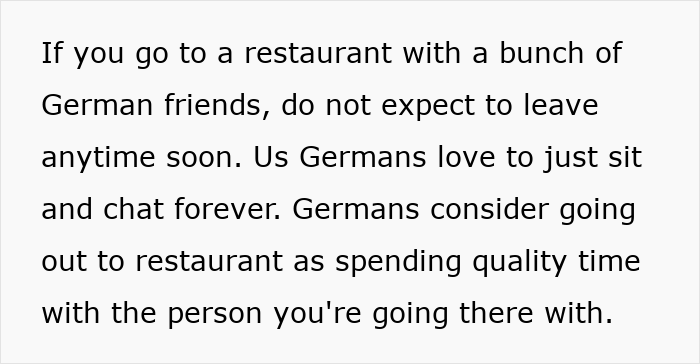 Text highlighting German woman's cultural insights on dining and socializing. Text highlighting German woman's cultural insights on dining and socializing.