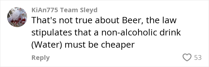 Comment about German law requiring water to be cheaper than beer in a discussion about cultural insights. Comment about German law requiring water to be cheaper than beer in a discussion about cultural insights.