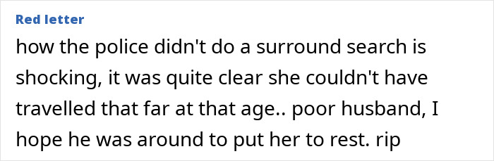 Comment discussing a woman's disappearance and the husband's experience, mentioning a lack of search effort. Comment discussing a woman's disappearance and the husband's experience, mentioning a lack of search effort.