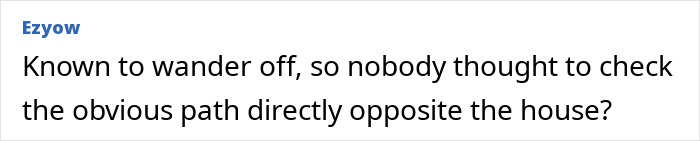 Comment questioning search efforts related to a woman vanishing, highlighting an overlooked path nearby. Comment questioning search efforts related to a woman vanishing, highlighting an overlooked path nearby.