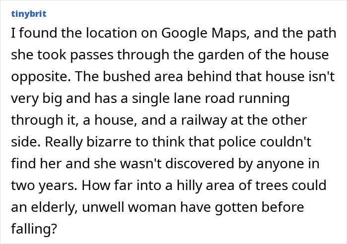 Text describing the use of Google Maps in a missing woman case, discussing paths and difficulty in location finding. Text describing the use of Google Maps in a missing woman case, discussing paths and difficulty in location finding.