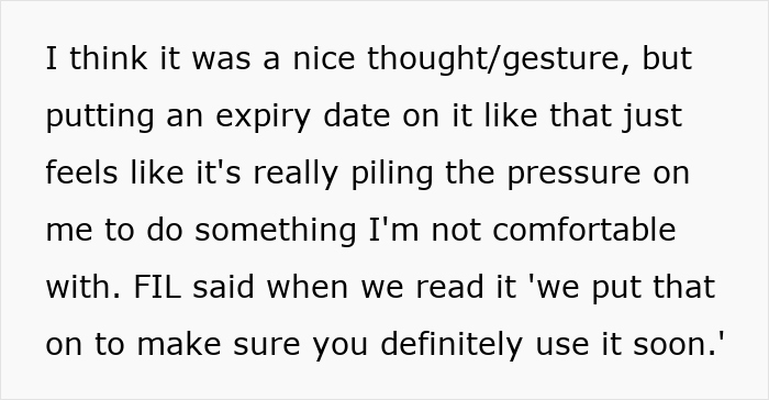 Text expressing mom's concerns about in-laws' babysitting gift deadline, feeling pressured to use it soon. Text expressing mom's concerns about in-laws' babysitting gift deadline, feeling pressured to use it soon.
