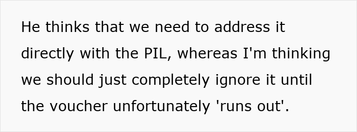 Text about in-laws gift and babysitting offer deadline, discussing intentions and choices to address or ignore it. Text about in-laws gift and babysitting offer deadline, discussing intentions and choices to address or ignore it.